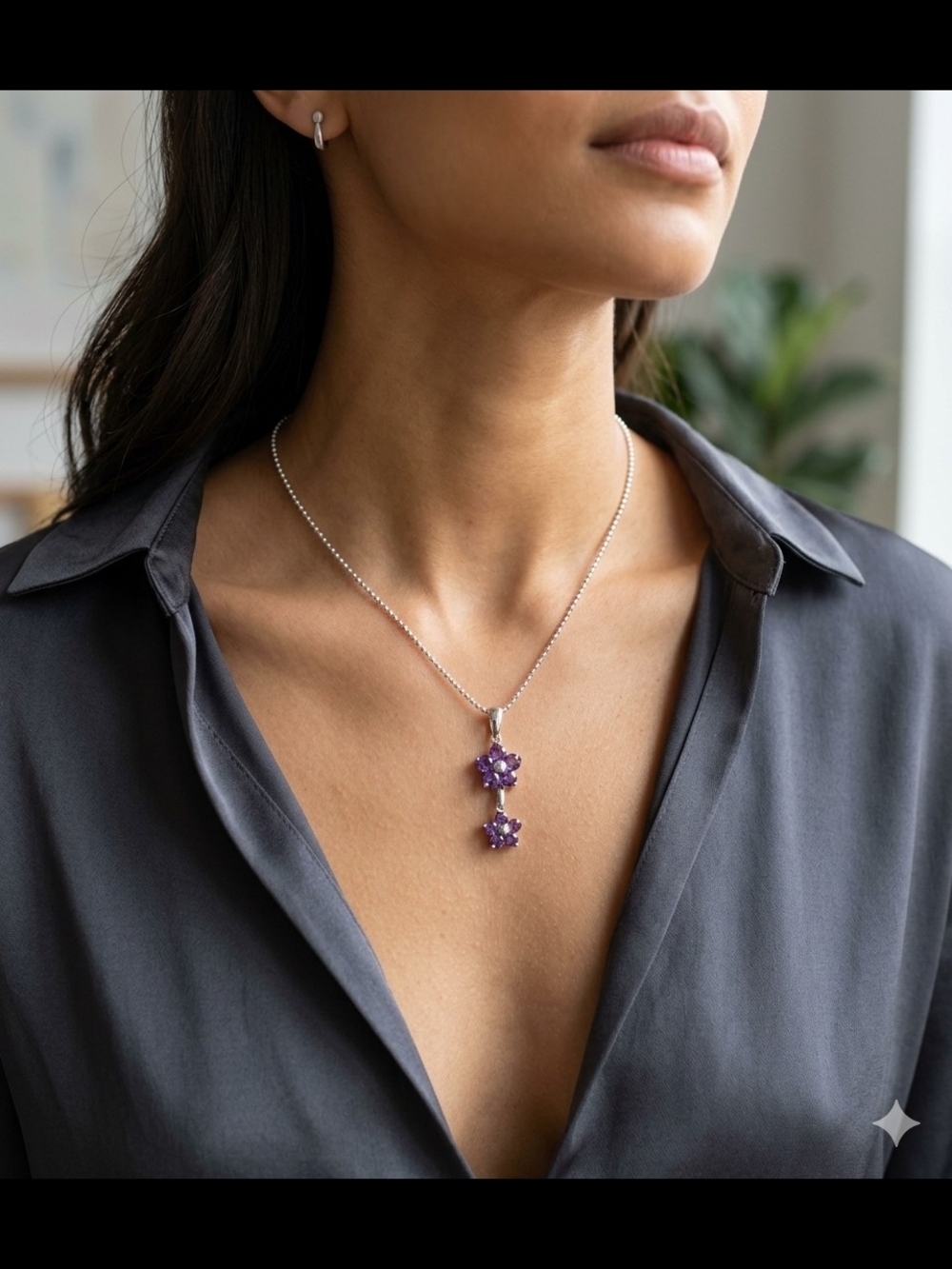 Sterling Sliver Elegant Purple Flower Pendant Necklace